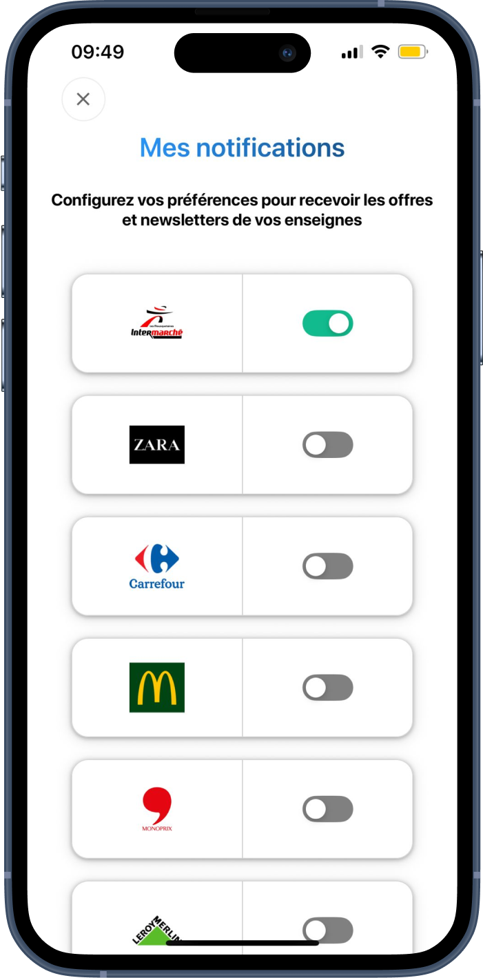 Écran de gestion des notifications des enseignes